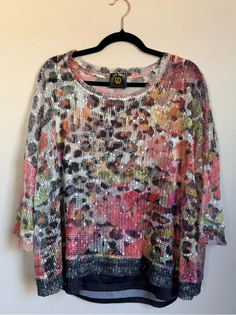 Vecceli Italy Abstract Mesh Layered Top Women’s L Boho Lagenlook Knit Blouse